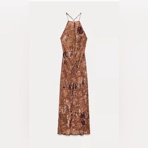 Zara Brown Floral Halter Maxi Dress Open Back Y2K Slip Dress Size S | NWOT
